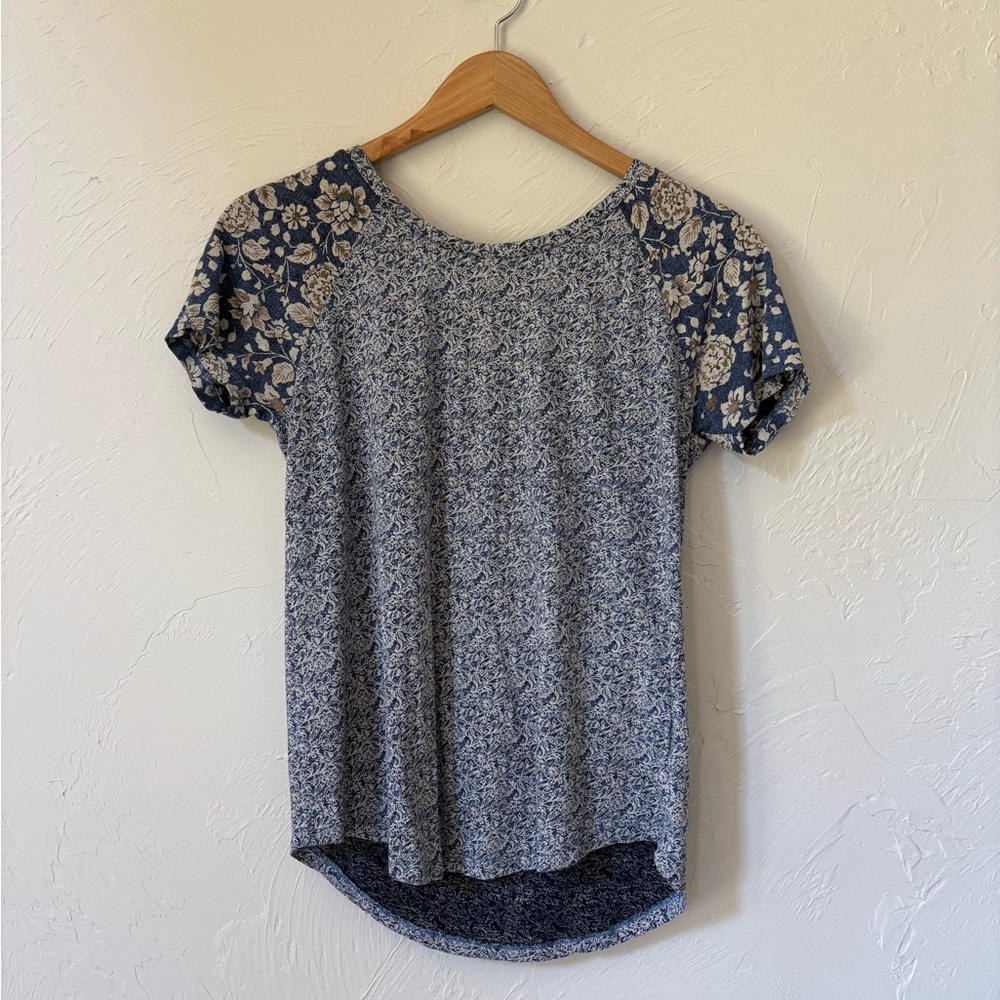 Lucky Brand Blue Floral Raglan Short Sleeve Tee